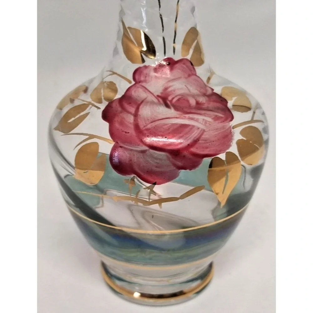 Vintage Bohemian Glass Vase with Enamel Rose Decoration and Gold Accents